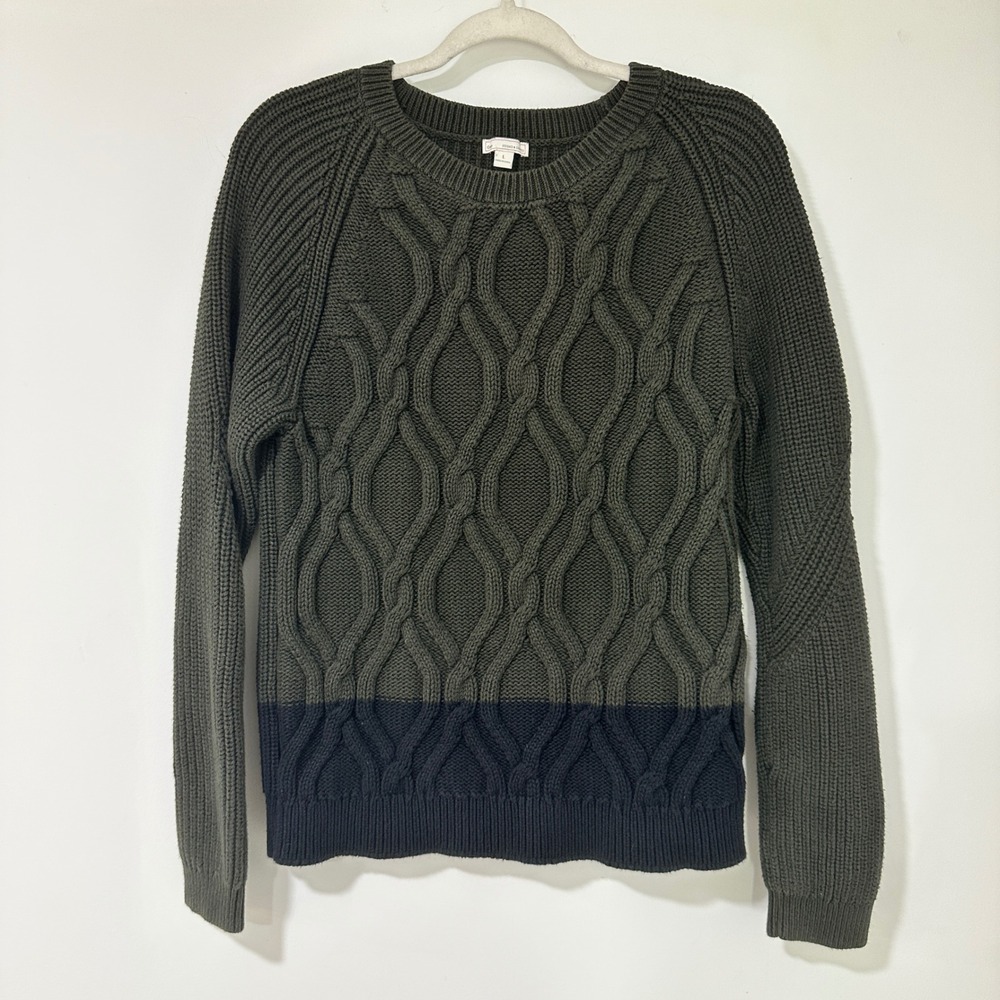 Gap Women L Sweater Green Navy Blue Cable Knit Cotton Crew Neck Pullover Ribbed
